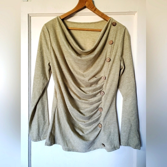 Cowl Neck Button Detail Ruched Cute Long Sleeve Sweater πβ - Picture 1 of 4